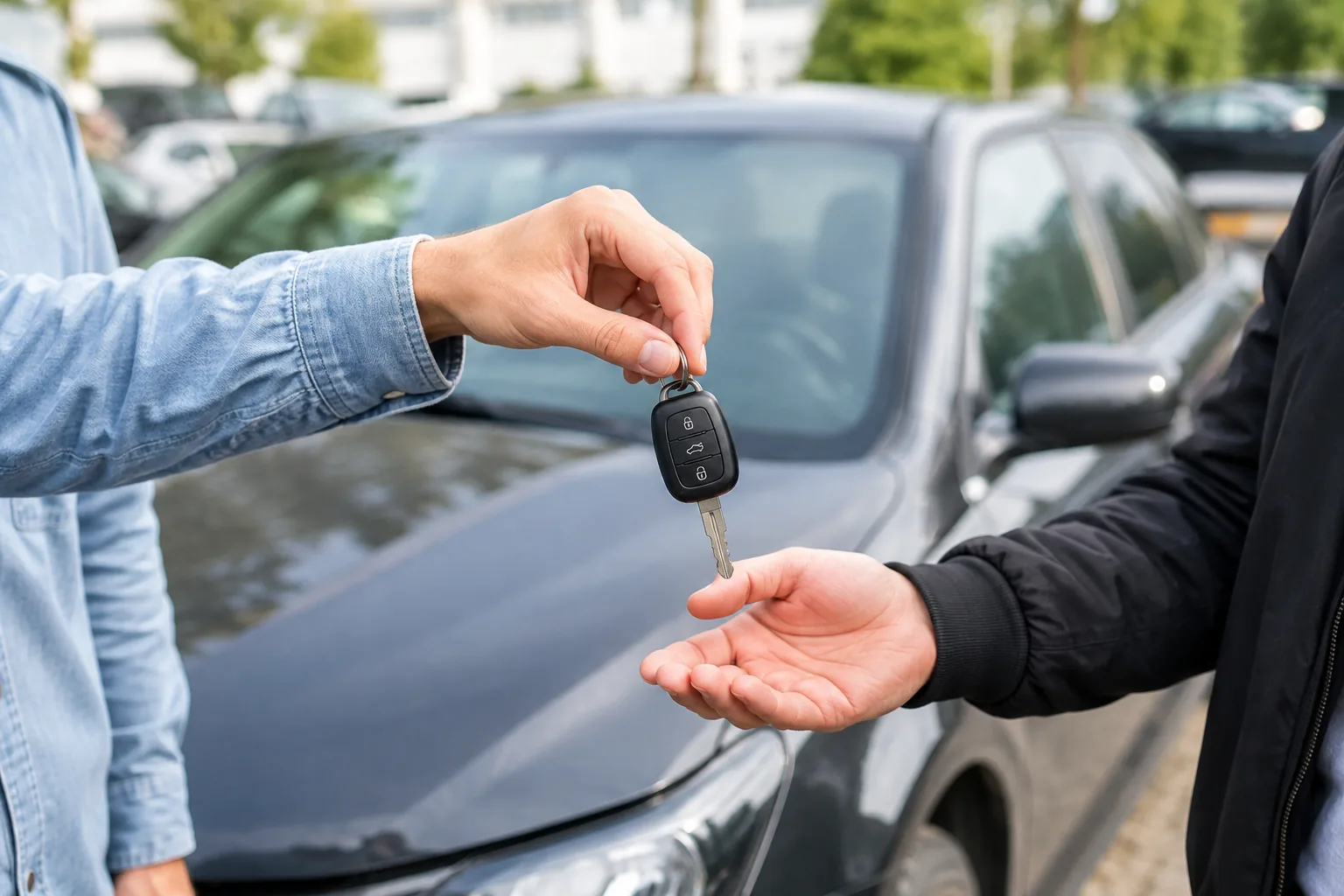 Kunde übergibt Autoschlüssel beim Fahrzeugverkauf